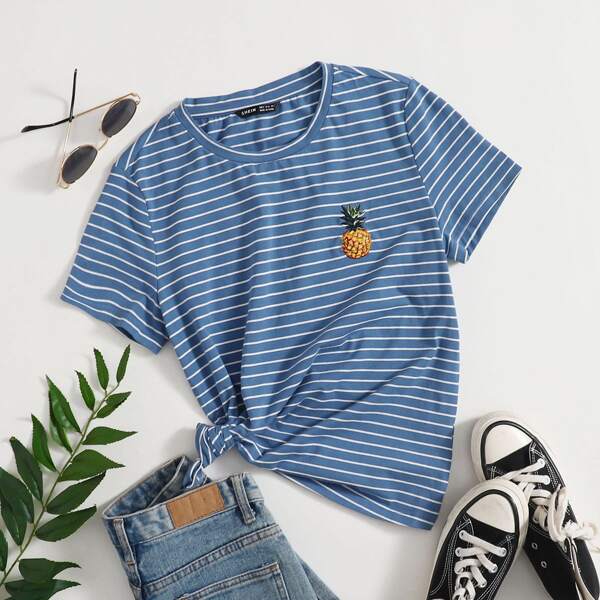 

Embroidery Pineapple Striped Tee, Blue