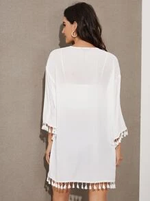 Soleia Open Front Drop Shoulder Tassel Hem Kimono, For Summer Beach Vacation - White - View 2