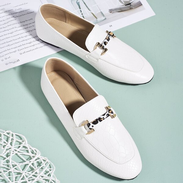 

Metal Decor Snakeskin Print Loafers, White