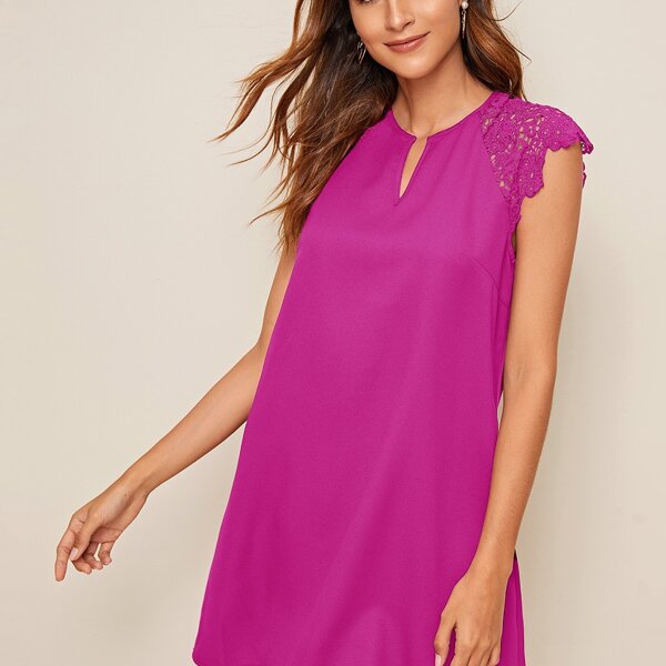 

V-cut Neck Raglan Lace Sleeve Dress, Hot pink