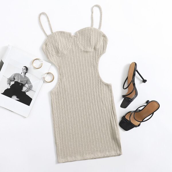 

Cut Out Waist Rib-knit Bodycon Dress, Beige