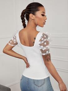 SHEIN Privé Top de manga de malla de cuello sweetheart - Blanco - Ver 2