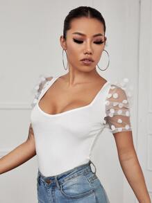 SHEIN Privé Top de manga de malla de cuello sweetheart - Blanco - Ver 5
