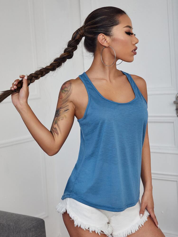 SHEIN Essnce Racerback Solid Tank Top - Blue - View 4