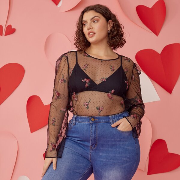 

Plus Embroidery Floral Sheer Mesh Top Without Bra, Black