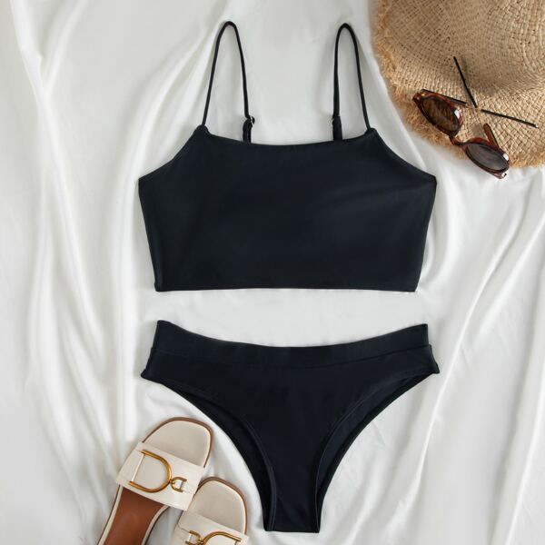 

Solid High Stretch Bikini Swimsuit, Black