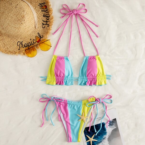 

Colorblock Ruffle Trim Halter Bikini Swimsuit, Green
