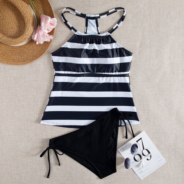 

Striped Tie Side Bikini Swimsuit, Black and white