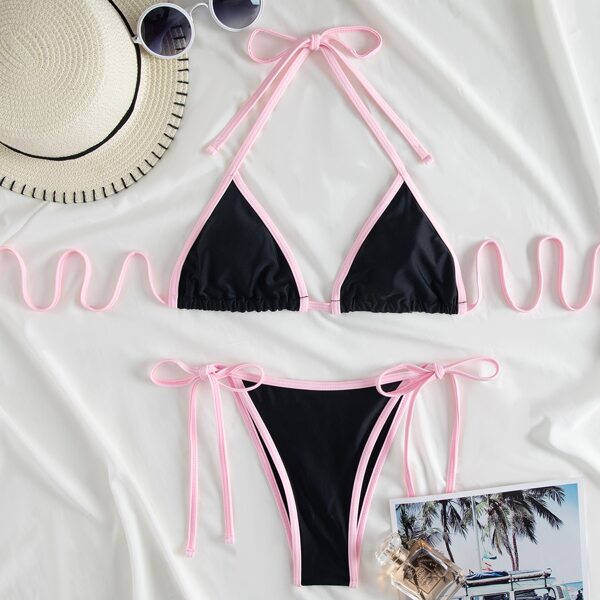 

Contrast Binding Triangle Thong Bikini Swimsuit, Black