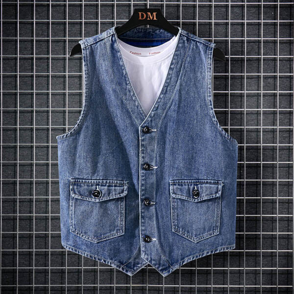 

Men 1pc Dual Pocket Button Up Vest Denim Jacket, Medium wash