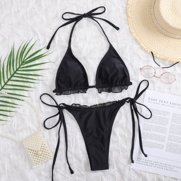 

Frill Trim Triangle Tie Side Bikini Swimsuit, Black