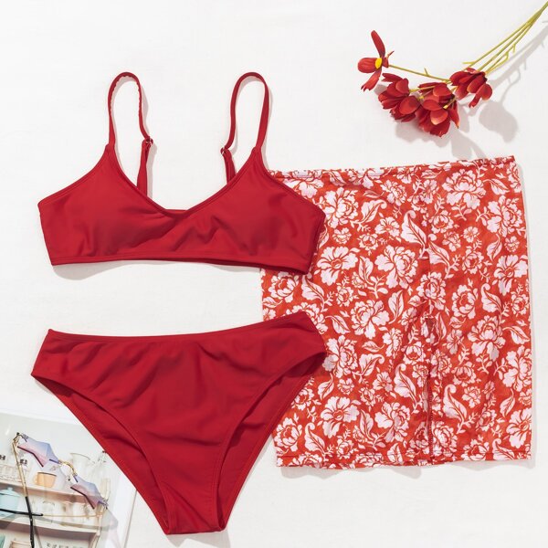 

3pack Floral Mesh Split Side Bikini Swimsuit, Red