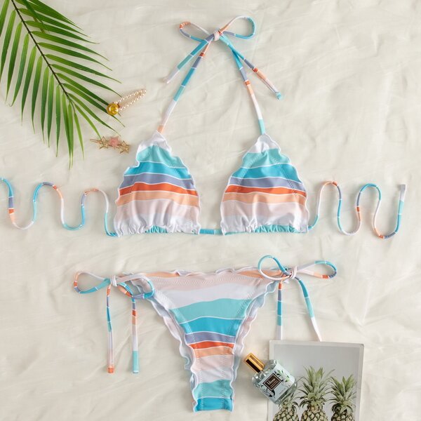 

Color Block Triangle Tie Side Bikini Swimsuit, Multicolor