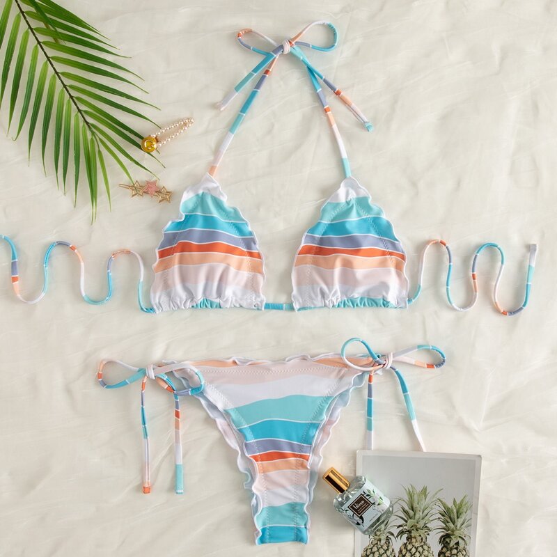 

Color Block Triangle Tie Side Bikini Swimsuit, Multicolor
