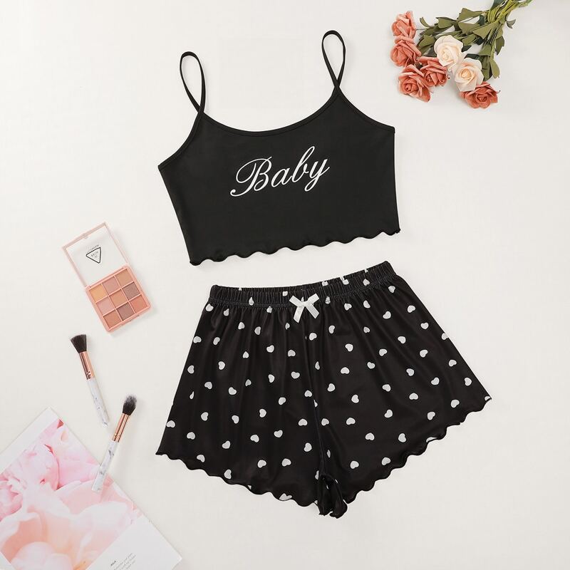 

Letter & Heart Print Pajama Set, Black