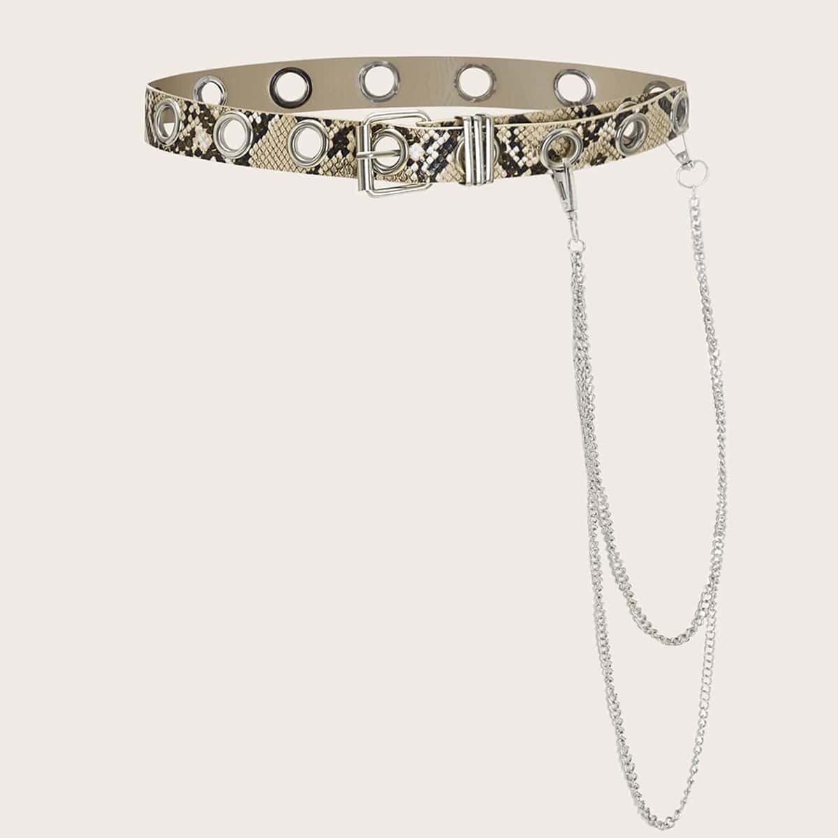 

Snakeskin Buckle Belt With Chain, Multicolor