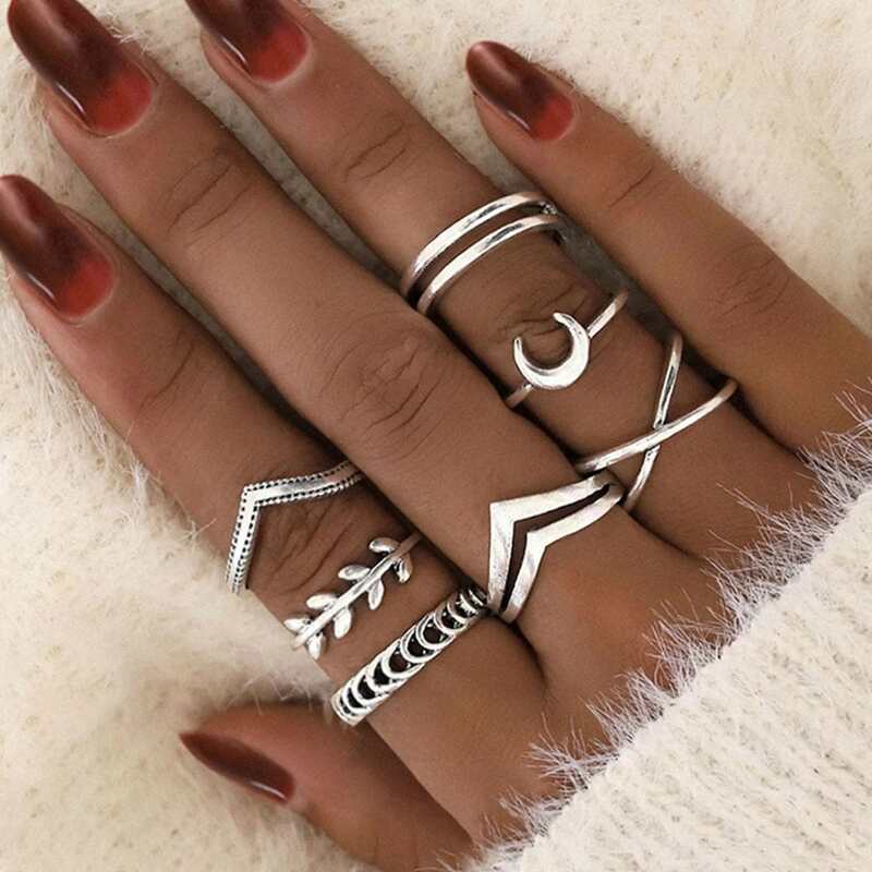 

7pcs Leaf & Moon Decor Ring, Silver