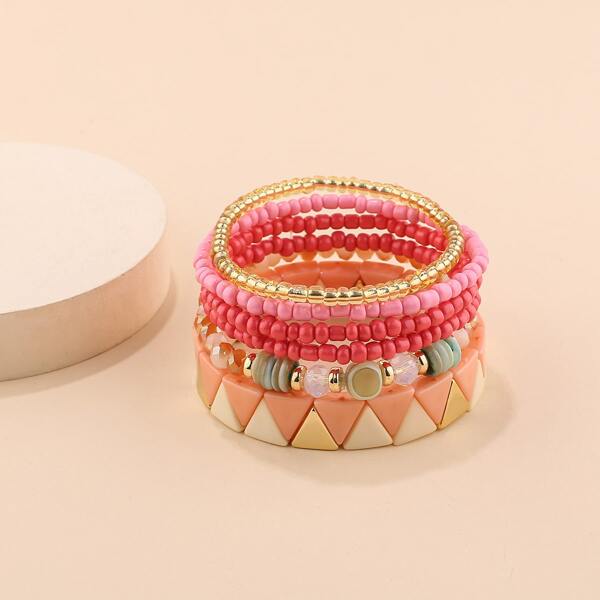 

6pcs Beaded Bracelet, Pink