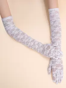 1 双花卉蕾丝长手套情人节情人节适用夏装秋季配饰 - 白色 - 查看 2