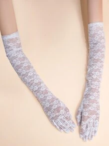 1 双花卉蕾丝长手套情人节情人节适用夏装秋季配饰 - 白色 - 查看 3