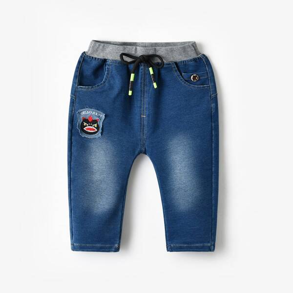 

Toddler Boys Cartoon Patched Knot Front Jeans, Medium wash