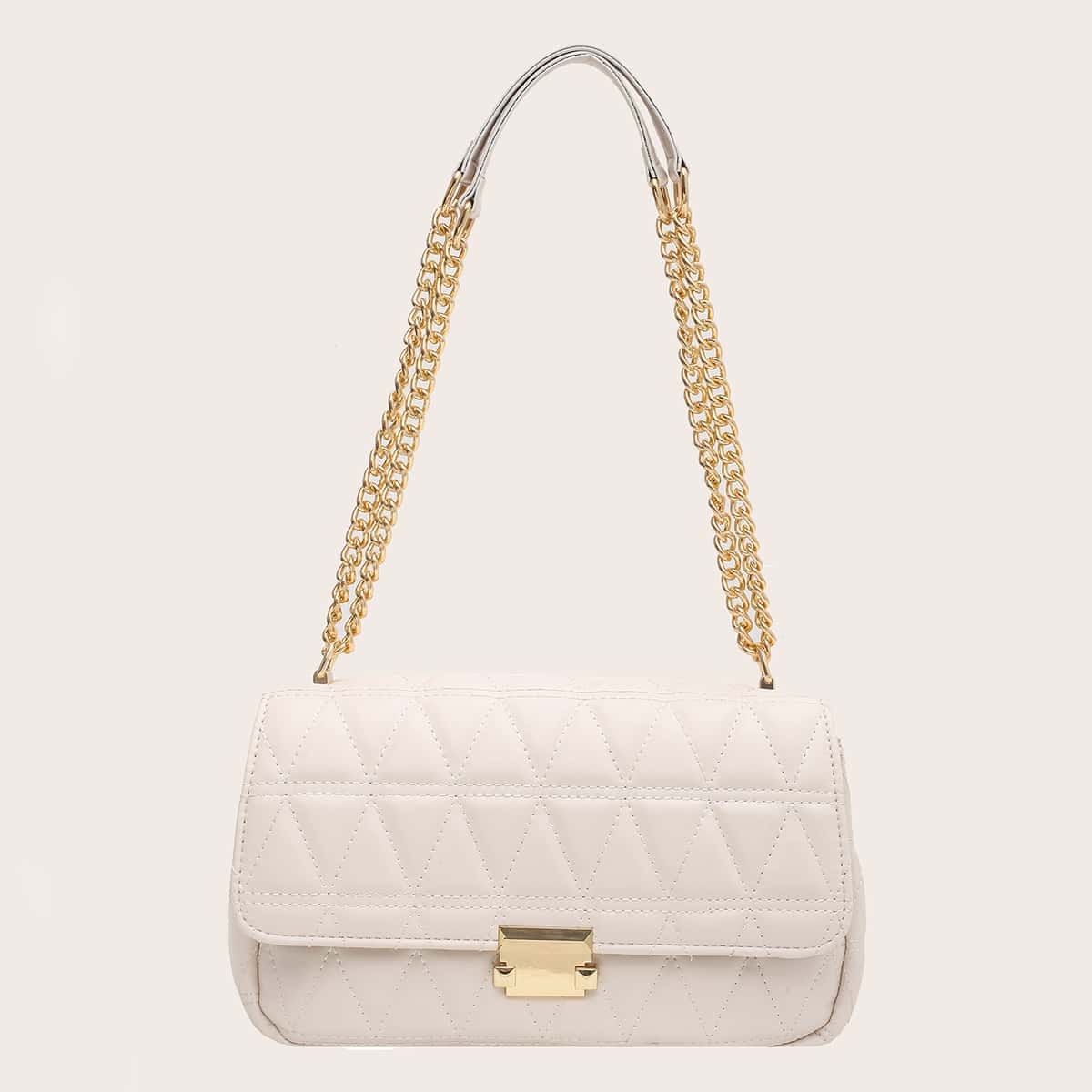 

Metal Lock Quilted Shoulder Bag, Beige