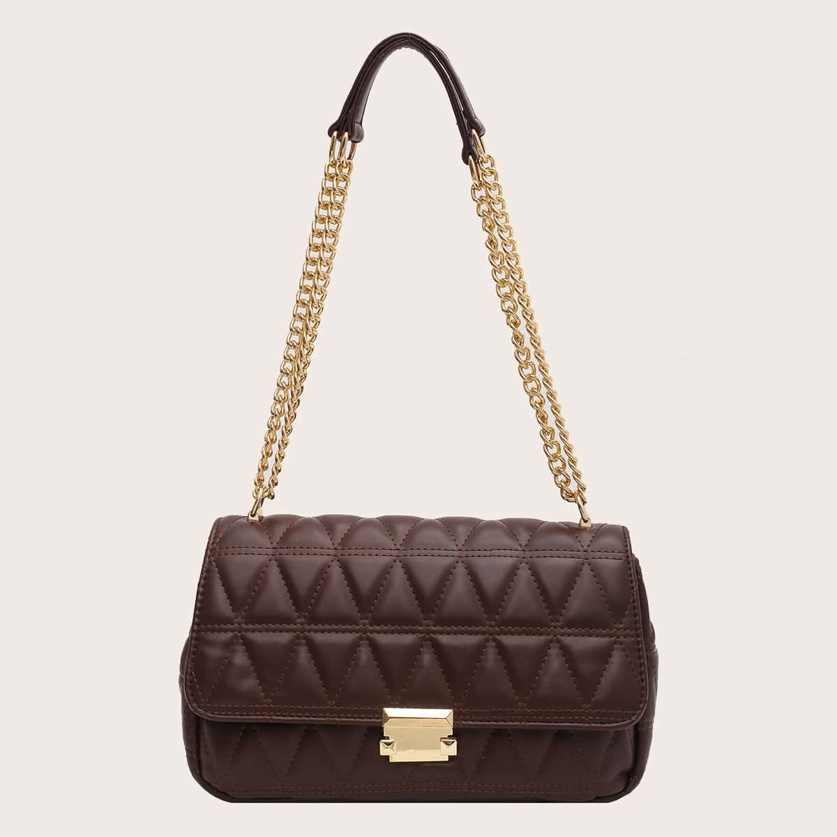 

Metal Lock Quilted Shoulder Bag, Coffee brown