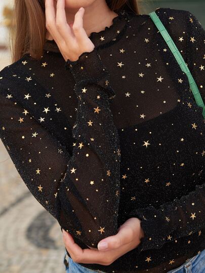 Lettuce Trim Star Mesh Top, Blingbling Bottoming Tee