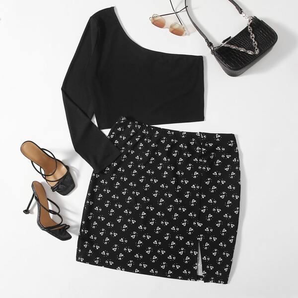 

Plus One Shoulder Top & Split Hem Heart Print Skirt Set, Black