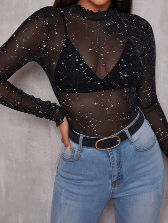 Top en tulle brillant avec plis (sans soutien-gorge)
