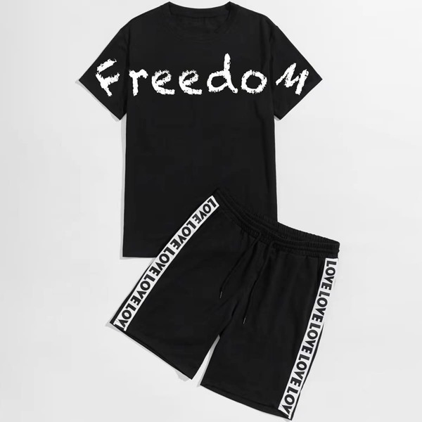 

Men Letter Graphic Tee & Drawstring Waist Shorts, Black
