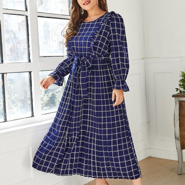 

Plus Plaid Print Pleated Hem Flounce Sleeve Belted Dress, Navy blue