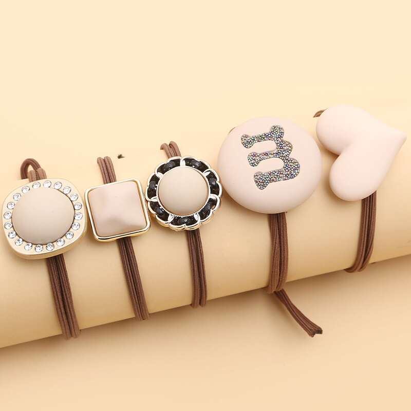 

5pcs Heart Decor Hair Tie, Beige