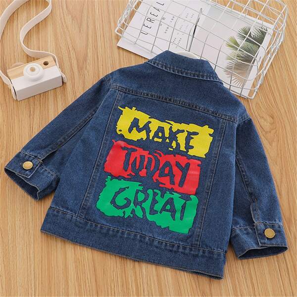 

Toddler Boys Letter Graphic Flap Pockets Denim Jacket, Dark wash