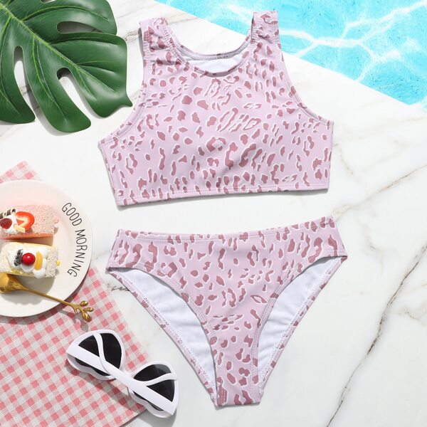 

Girls Allover Graphic Bikini Swimsuit, Pastel dusty pink