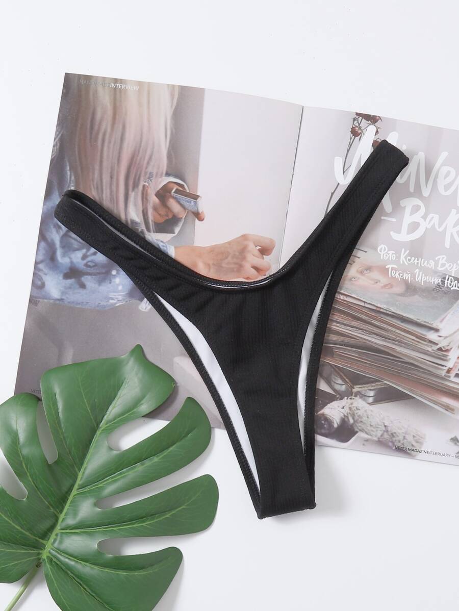 SHEIN Swim Summer Beach Rib High Cut Bikini Panty - Black - View 1