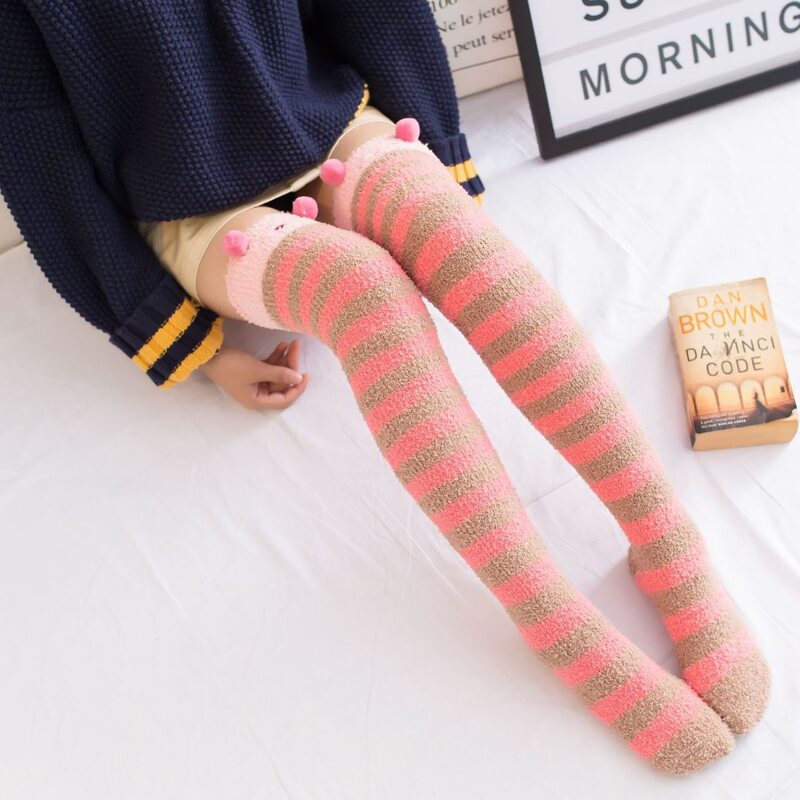 

1pair Over The Knee Striped Fuzzy Socks, Multicolor