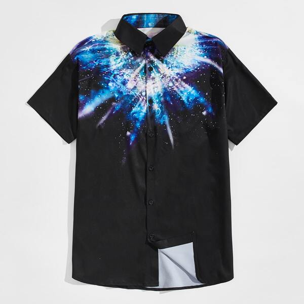 

Men Galaxy Print Button Through Shirt, Black