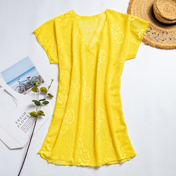 

Floral Pattern Hollow-out Cover Up, Yellow