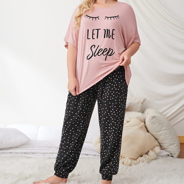 

Plus Letter Graphic Top & Polka Dot Pants PJ Set, Multicolor