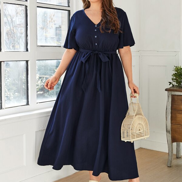 

Plus Butterfly Sleeve Self Tie A-line Dress, Navy blue