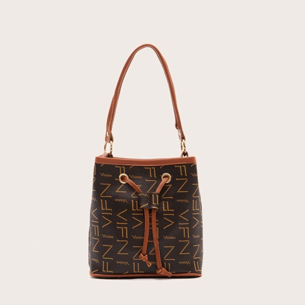

Letter Graphic Drawstring Decor Bucket Bag, Brown