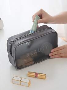 Bolsa de maquillaje de malla con gráficos de letras, organizador de maquillaje y estuche de maquillaje - Gris - Ver 2