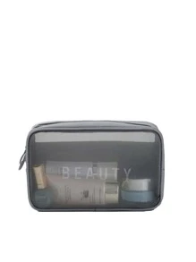 Bolsa de maquillaje de malla con gráficos de letras, organizador de maquillaje y estuche de maquillaje - Gris - Ver 3