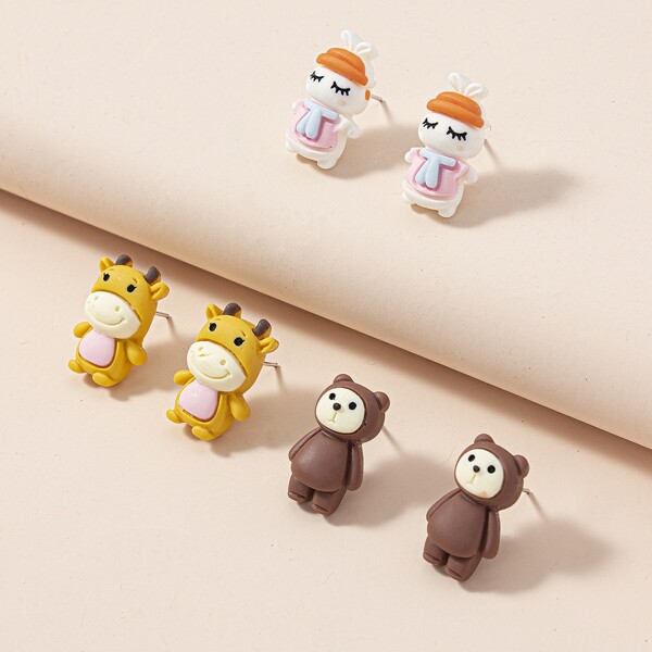 

3pairs Cartoon Design Stud Earrings, Multicolor