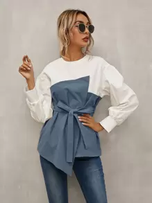 SHEIN LUNE Keyhole Back Belted 2 In 1 Top - Blue and White - View 1