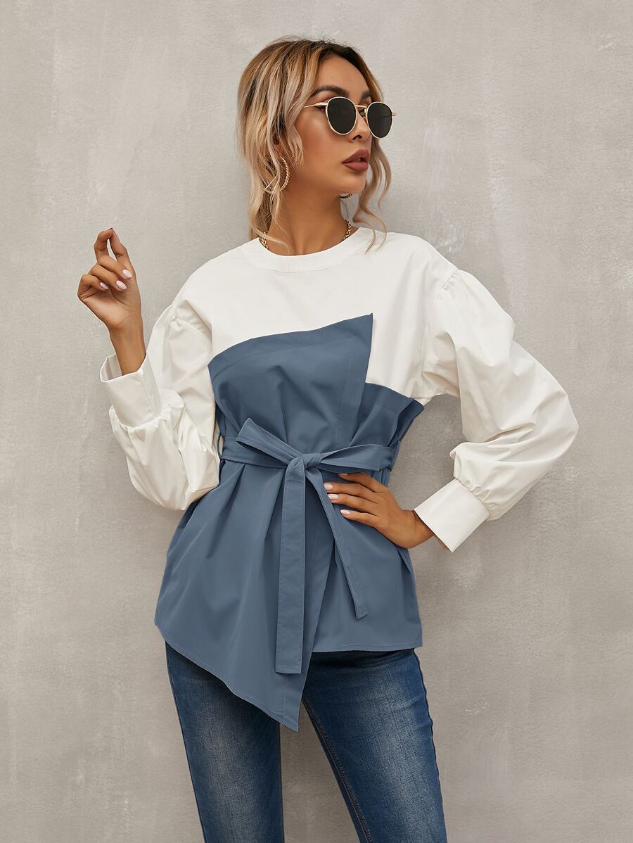 SHEIN LUNE Keyhole Back Belted 2 In 1 Top - Blue and White - View 1