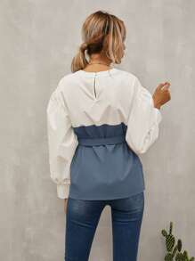 SHEIN LUNE Keyhole Back Belted 2 In 1 Top - Blue and White - View 2