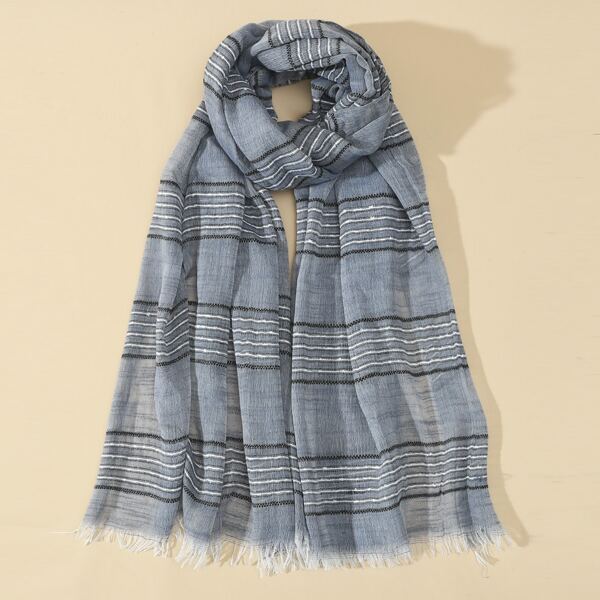 

Striped Pattern Raw Hem Scarf, Blue