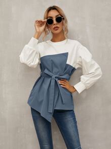 SHEIN LUNE Keyhole Back Belted 2 In 1 Top - Blue and White - View 3